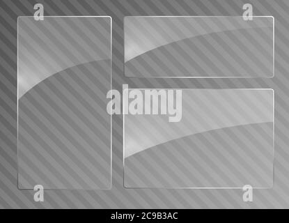 Bannières transparentes en verre. Vitrine en verre transparent. Maquette de fenêtre réaliste. Plaques de verre vectoriel avec un emplacement pour les descriptions isolées sur transparent Illustration de Vecteur