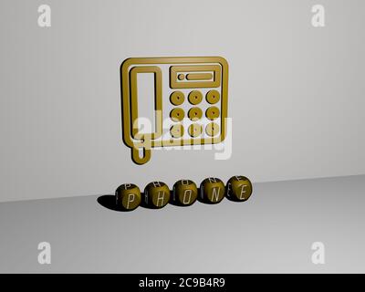 Représentation 3D du téléphone avec icône sur le mur et texte disposé par des lettres métalliques cubes sur un sol miroir pour la signification du concept et la présentation de diaporama. Mobile et affaires Banque D'Images