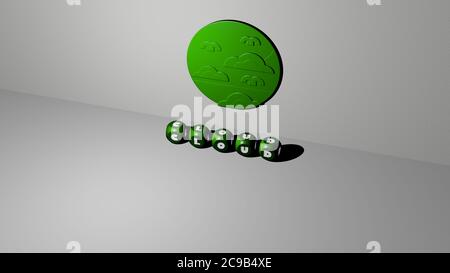 Représentation 3D du NUAGE avec icône sur le mur et texte disposé par des lettres métalliques cubes sur un sol miroir pour la signification du concept et la présentation du diaporama. Fond et bleu Banque D'Images