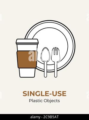 Cuillère en plastique, fourchette, assiette, gobelet en papier avec couvercle en plastique. Jeu d'illustrations vectorielles de couverts en plastique blanc à usage unique. Couverts en plastique alimentaire logo plat pour Illustration de Vecteur