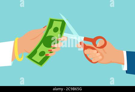Vecteur d'une main d'homme avec des ciseaux coupant dollar billet, revenu d'une femme Illustration de Vecteur
