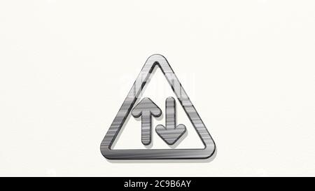 SIGNALISATION ROUTIÈRE DANS LES DEUX SENS sur le mur. Illustration 3D de sculpture métallique sur fond blanc avec texture douce. Ville et voiture Banque D'Images