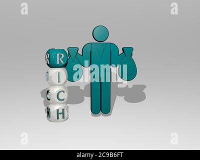 Illustration 3D de graphiques riches et de texte autour de l'icône faite par des lettres de dés métalliques pour la signification du concept et des présentations. Fond et argent Banque D'Images