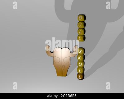 Illustration 3D des graphiques du crâne de taureau et du texte autour de l'icône faite par des lettres de dés métalliques pour la signification du concept et des présentations. Animal et fond Banque D'Images