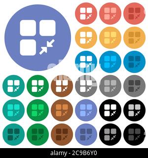 Réduire les icônes plates multicolores des composants sur les arrière-plans ronds. Inclut des variantes d'icônes blanches, claires et sombres pour les effets de survol et d'état actif, un Illustration de Vecteur