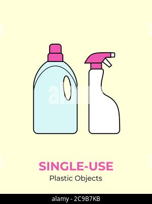 Produits chimiques ménagers en plastique, flacons pulvérisateurs. Illustration vectorielle d'une bouteille de recyclage en plastique à usage unique. Illustration de Vecteur