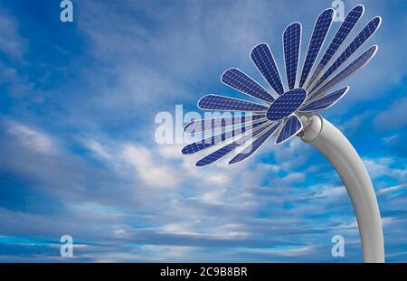 Gros plan sur un panneau solaire bleu en forme de fleur avec pétales et longue tige blanche avec fond bleu ciel. Illustration 3D Banque D'Images