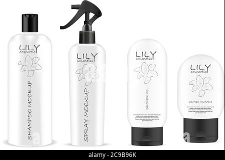 Grand pulvérisateur de cosmétiques blanc et bouteilles de shampooing mockup set distributeur de pompe noir et couvercle. Pack d'illustrations vectorielles réalistes. Illustration de Vecteur