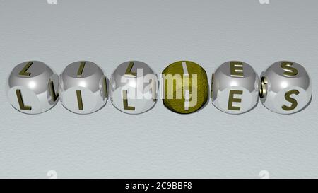 mots croisés de lys disposés par des lettres cubes sur un fond miroir, signification et présentation du concept. arrière-plan et illustration. Illustration 3D Banque D'Images