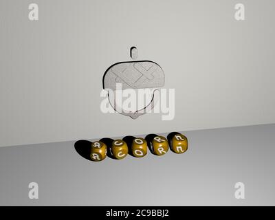 Illustration 3D des graphiques et du texte de l'corne, faite par des lettres de dés métalliques, pour la signification du concept et des présentations. Automne et arrière-plan Banque D'Images