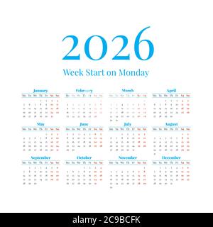 2026 le calendrier avec les semaines commence le lundi Illustration de Vecteur