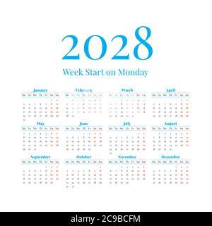 2028 le calendrier avec les semaines commence le lundi Illustration de Vecteur