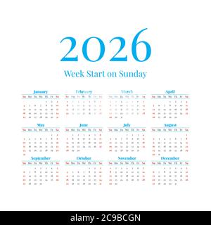 2026 Calendrier avec les semaines commence le dimanche Illustration de Vecteur