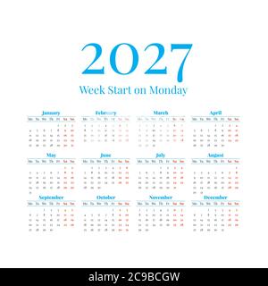 2027 le calendrier avec les semaines commence le lundi Illustration de Vecteur