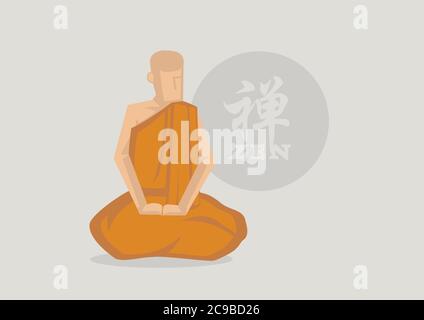 Illustration vectorielle personnage de dessin animé de moine portant une robe de safran méditant devant le symbole de cercle Zen. Caractère chinois ou kanji japonais dans ci Illustration de Vecteur