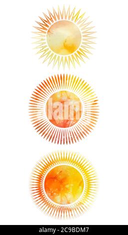 Ensemble d'icônes de soleil avec différents rayons et fond aquarelle. Elément vectoriel pour votre conception Illustration de Vecteur