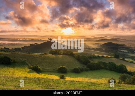 Bridport, Dorset, Royaume-Uni. 30 juillet 2020. Météo Royaume-Uni. Un lever de soleil spectaculaire à Colmers Hill près de Bridport dans Dorset tandis que le soleil levant envoie des rayons du soleil qui brillent à travers les nuages bas avant une journée d'été chaude prévue. Crédit photo : Graham Hunt/Alamy Live News Banque D'Images