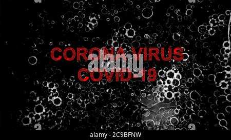 Titre principal 'Corona virus' 'Covid-19' mots avec effet de bactéries virales sur fond gris foncé. Banque D'Images