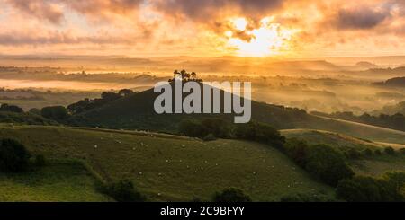 Bridport, Dorset, Royaume-Uni. 30 juillet 2020. Météo Royaume-Uni. Un lever de soleil spectaculaire à Colmers Hill près de Bridport dans Dorset tandis que le soleil levant envoie des rayons du soleil qui brillent à travers les nuages bas avant une journée d'été chaude prévue. Crédit photo : Graham Hunt/Alamy Live News Banque D'Images