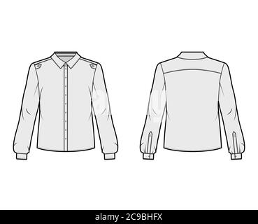 Chemise classique de style militaire illustration technique de la mode avec patte boutonnée, épaulettes, manches longues. Modèle de vêtement de blouse plate avant arrière de couleur grise. Maquette de haut unisexe pour femmes et hommes Illustration de Vecteur