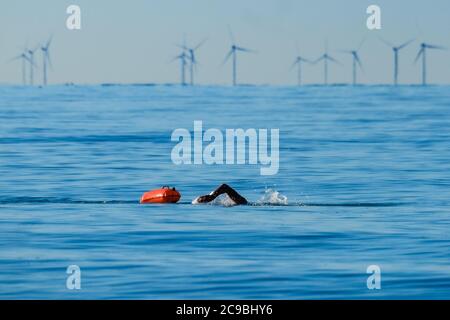 Worthing Beach, Worthing, Royaume-Uni. 30 juillet 2020. Les baigneurs en eau libre apprécient la mer calme du matin. Avec un ciel bleu clair et des eaux plates, les paddle-boards profitent du petit matin au large de la côte du sussex. Rampion Wind Farm peut être vu 13-20km au large. Photo par crédit : Julie Edwards/Alamy Live News Banque D'Images