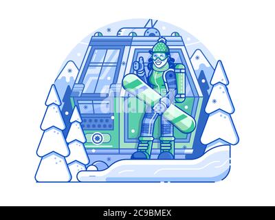 Snowboarder Girl près de Cable Way dans Line Art Illustration de Vecteur