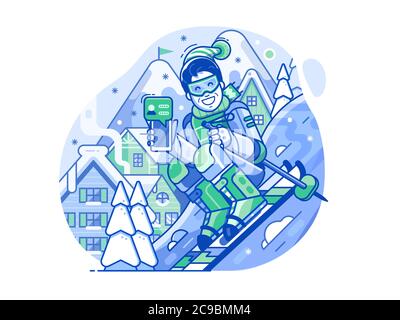 Homme de skieur joyeux avec Smart Phone sur la pente Illustration de Vecteur