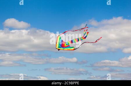 Cerf-volant aux couleurs vives dans un ciel ensoleillé Banque D'Images