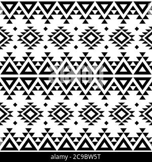 Aztec Navajo géométrique sans couture motif vectoriel, rétro tribal répétitif design dans le motif noir sur fond blanc Illustration de Vecteur