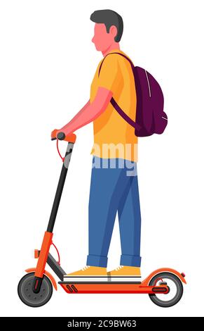 Jeune homme sur le scooter de kick. Gars avec sac à dos roulant sur scooter électrique. Le personnage Hipster utilise le transport urbain moderne. Transport écologique et pratique en ville. Illustration vectorielle plate de dessin animé Illustration de Vecteur