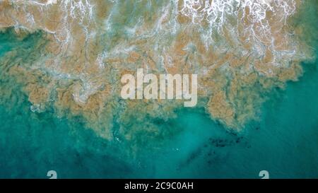 Un drone aérien a tiré d'un motif de sable abstrait après une vague qui se brise dans des eaux peu profondes à Petrel Cove en Australie méridionale Banque D'Images