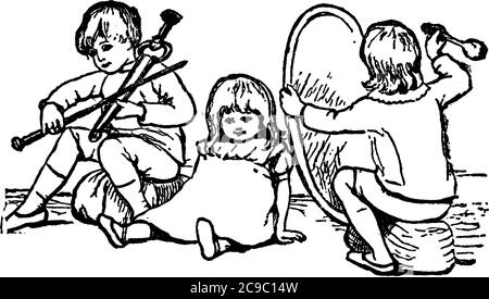 Représentation typique d'un groupe de petits enfants qui s'amusent et jouent des instruments de musique , dessin de ligne vintage ou illustration de gravure. Illustration de Vecteur