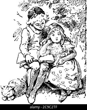 Deux petits enfants assis sur le sol avec un livre laissé ouvert. L'un regarde dans le livre et l'autre regarde quelque chose d'autre, drawi de ligne vintage Illustration de Vecteur