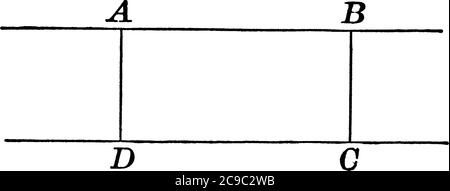 Deux lignes parallèles avec deux perpendiculaires AD et BC les joignant à un point différent, dessin de ligne vintage ou illustration de gravure. Illustration de Vecteur