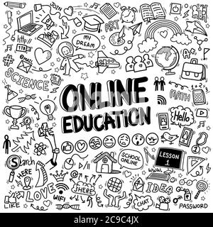 l'éducation en ligne dooodle icônes motif arrière-plan. dessin à la main caricature éducation panneau et papeterie fournitures article et symboles d'icône isolés sur blanc Illustration de Vecteur