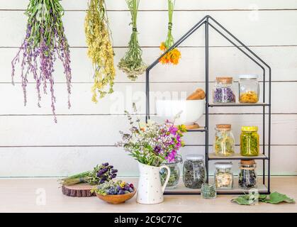 Collection de plantes médicinales diverses sécher dans des pots en verre et sécher sur le mur. Étagère moderne avec pots de mortier et pilon et bouquet d'herbes. Banque D'Images