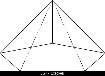 Construction géométrique d'une pyramide pentagonale droite vue d'en dessous avec arêtes cachées illustrées. La base est un pentagone et les visages sont isosceles tri Illustration de Vecteur