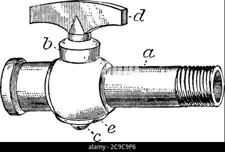 Une valve, dans laquelle un bouchon avec un trou transversal est adapté dans un tuyau creux, un dessin de ligne vintage ou une illustration de gravure. Illustration de Vecteur