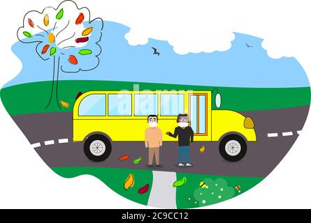 Les enfants ou les élèves de différentes nationalités qui reviennent à l'école. Attente d'un bus scolaire à un arrêt de bus. Illustration de Vecteur