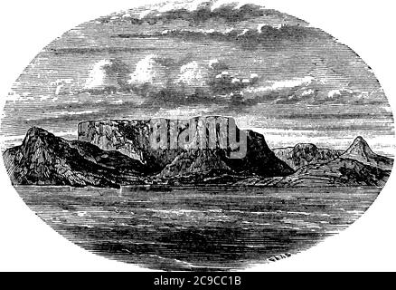 La montagne de table est une montagne en Afrique du Sud ayant la forme de la table et de la mer autour, dessin de ligne d'époque ou illustration de gravure. Illustration de Vecteur