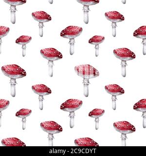 Motif sans coutures Amanita Muscaria. Mouche des champignons agariques. Blanc à pois magnifiques champignons rouges dans un contexte naturel. Aquarelle dessinée à la main isolée Banque D'Images