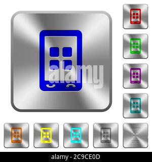 Applications mobiles icônes gravées sur des boutons en acier brillant carrés arrondis Illustration de Vecteur