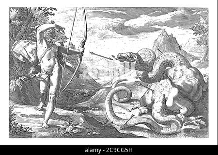 Apollo tue le serpent géant Python (représenté ici plus comme un dragon, avec des jambes) avec de nombreuses flèches. Un crocodile, un mouton et un cerf marchent dans le bac Banque D'Images