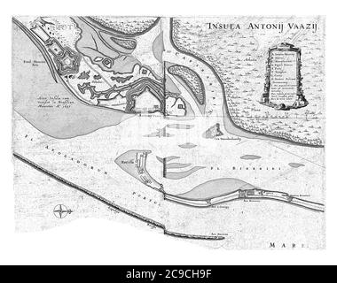 Carte de l'île d'Antonio Vaz en face de Recife, montrant les forteresses Frederik Hendrik, Ernest et Waerdenburgh, c. 1636-1644, gravure ancienne. Banque D'Images