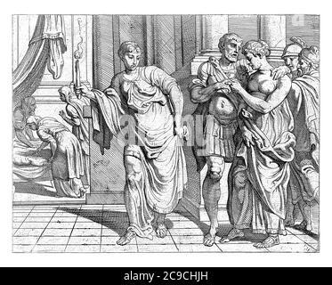 Odysseus et Pénélope sur leur chemin vers le lit, après leur réconciliation, Odysseus et Pénélope marchent vers le lit, gravure vintage. Banque D'Images