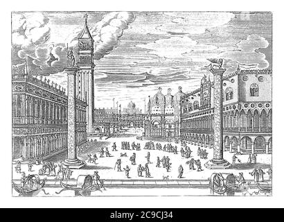 Vue sur la Piazzetta avec la Biblioteca Marciana et le Campanile de San Marco sur la gauche et le Palais des Doges et San Marco sur la droite, vintag Banque D'Images