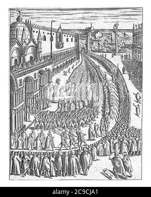 Procession de San Marco sur la Piazzetta (la partie de la Piazza San Marco entre le Palais des Doges et la Biblioteca Marciana), gravure ancienne. Banque D'Images