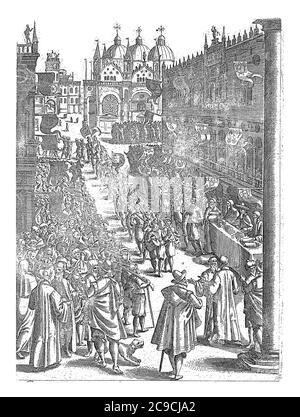 Procession sur la place Saint-Marc à Venise, anonyme, 1610, gravure vintage. Banque D'Images