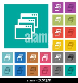 Mode d'affichage de fenêtre en cascade icônes plates multicolores sur arrière-plans carrés simples. Inclut des variantes d'icône blanche et foncée pour les effets de survol ou actifs. Illustration de Vecteur