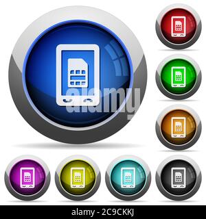 Icônes de carte sim mobile dans des boutons ronds brillants avec cadres en acier Illustration de Vecteur
